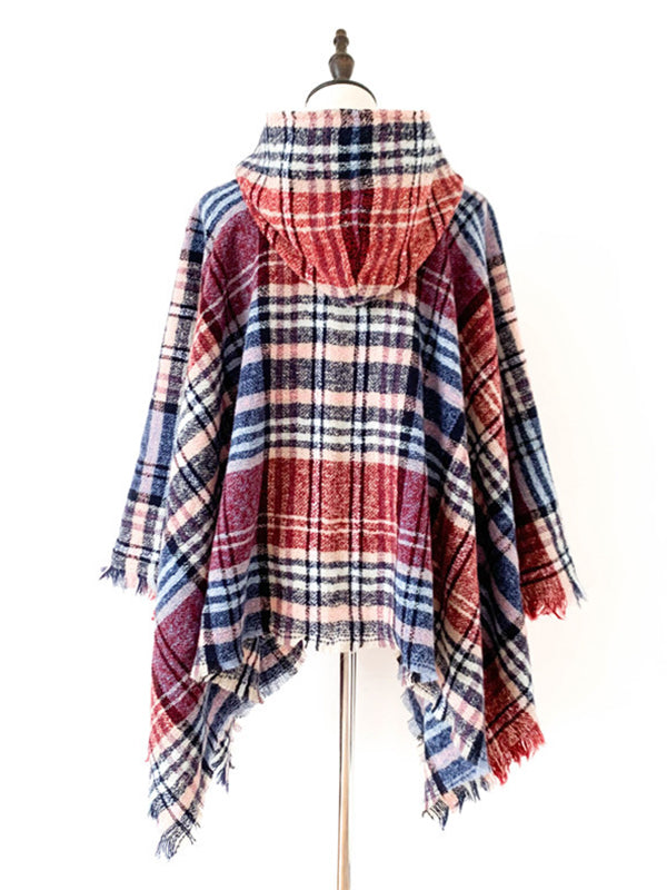 flowersverse Fringed Hooded Keep Warm Plaid Shawl&Cloak Cape