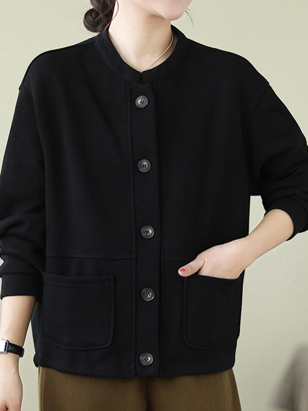 flowersverse Buttoned Keep Warm Pockets Velvet Long Sleeves Loose Round-neck Outerwear