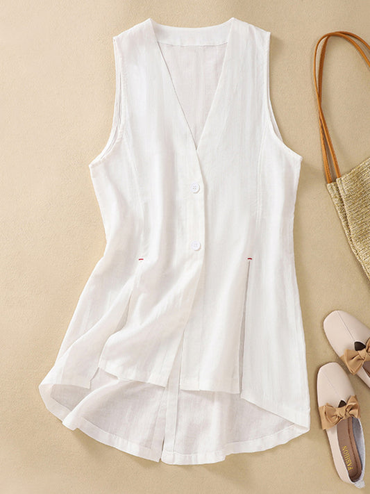 flowersverse Buttoned Solid Color Loose Sleeveless V-neck Vest Top