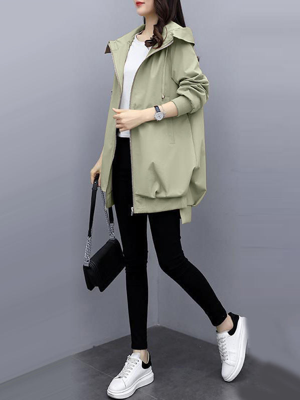 flowersverse Casual Loose 4 Colors Pleated Zipper Hooded Long Sleeves Outwear
