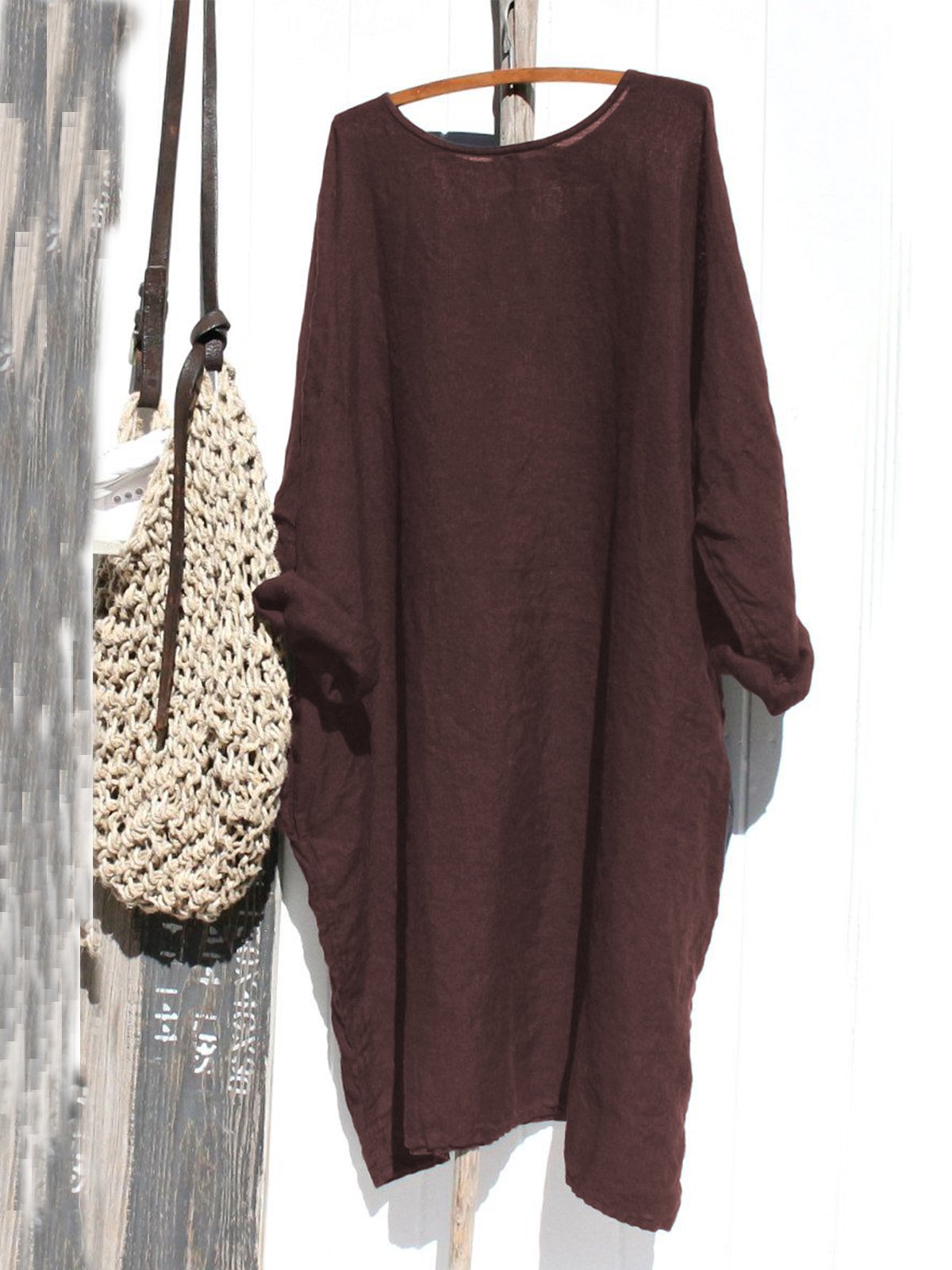 flowersverse Casual Linen Solid Long Sleeve Knitting Dress