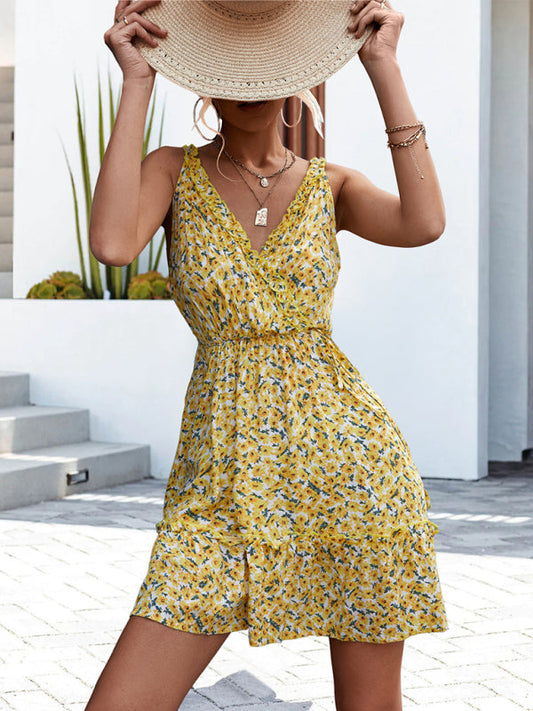 flowersverse V-neck Tie Ruffle Floral Suspender Dress