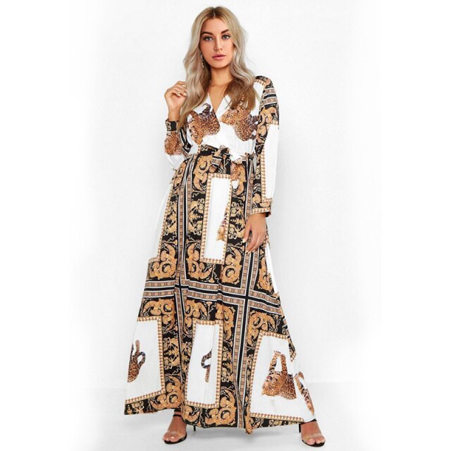 flowersverse Ladies Fashion V-neck Long Sleeve Slim Animal Retro Printed Belt Long Ladies Style A-line Dress