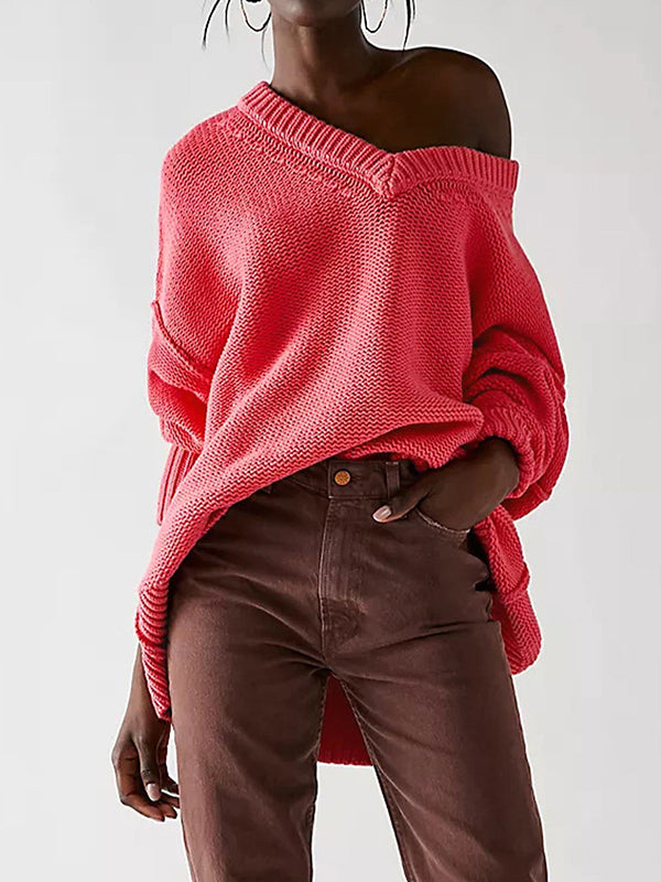 flowersverse Solid Color Velvet Long Sleeves Loose V-Neck Sweater Tops Pullovers