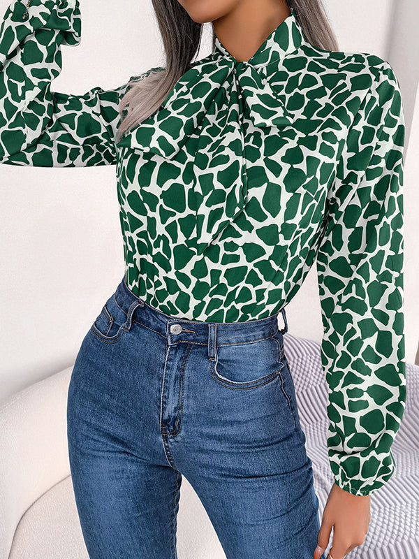 flowersverse Bow-Embellished Elasticity Tied Bishop Sleeve Long Sleeves Mock Neck Blouses&Shirts Tops