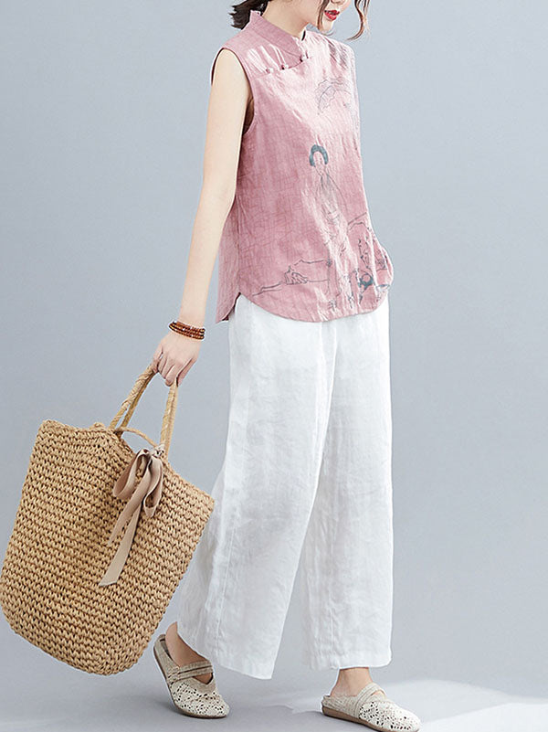 flowersverse Artistic Retro Chinese-Style Printed Buttoned Stand Collar Sleeveless Vest