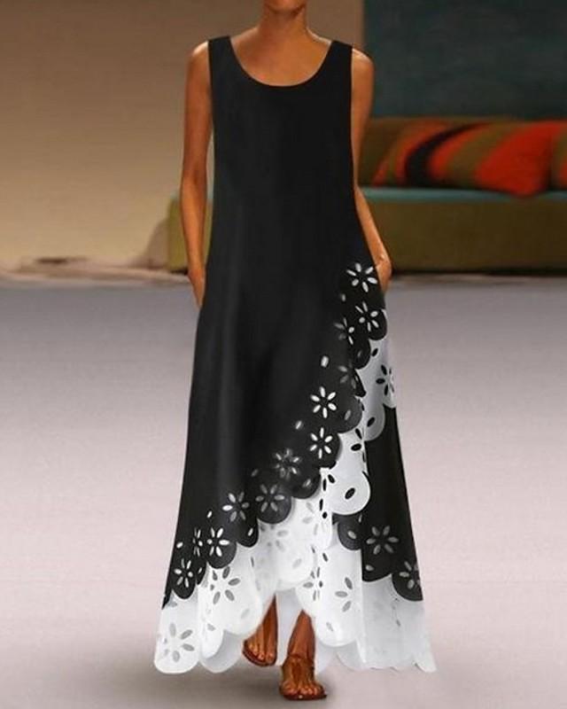 flowersverse Women's A-Line Dress Maxi Long Dress - Sleeveless Floral Hole Summer U Neck Plus Size Hot Casual Vacation Dresses White Purple Blushing Pink Gold Light Blue Black Dresses