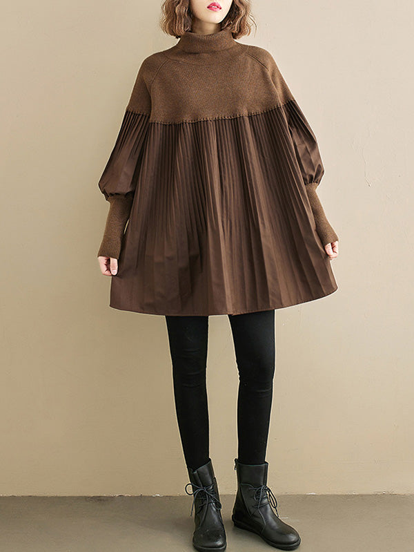 flowersverse Knitting Pleats Split-Joint High-Neck Pullover Top