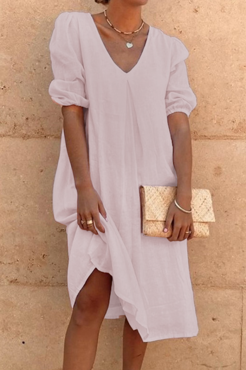 flowersverse Casual Solid Split Joint Fold V Neck A Line Dresses