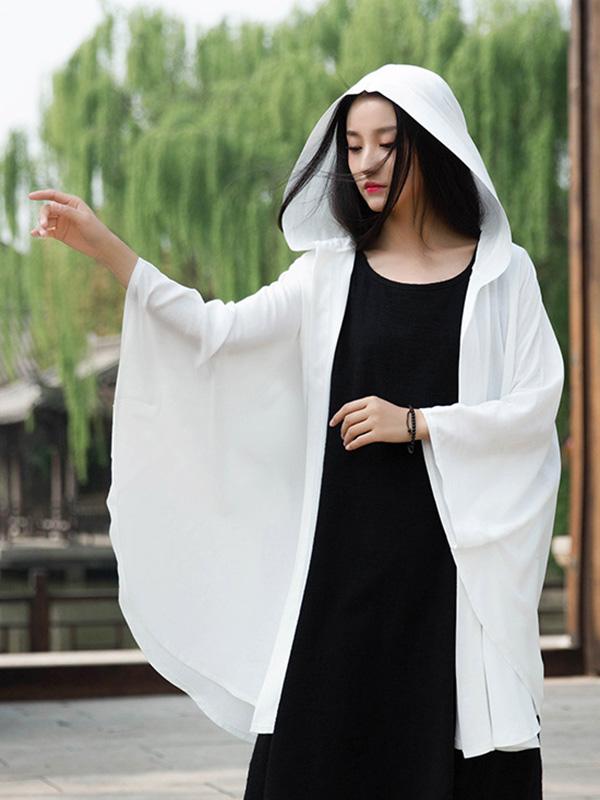 flowersverse Simple Solid Loose Batwing Sleeve Hood Cape