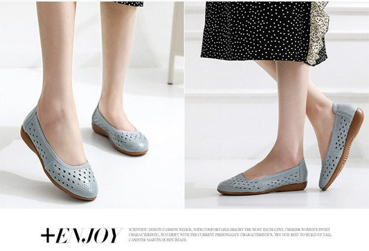 flowersverse Spring Genuine Leather Flat Summer Shoes Women Casual Hollow Breathable Soft Bottom Ladies Flats Plus Size 35-43