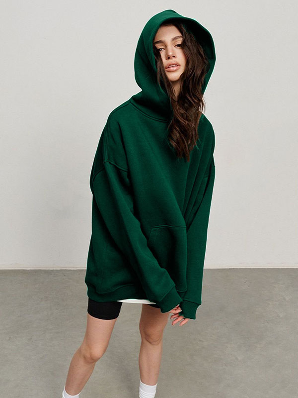 flowersverse Pockets Solid Color Velvet Long Sleeves Loose Hooded Hoodies Tops