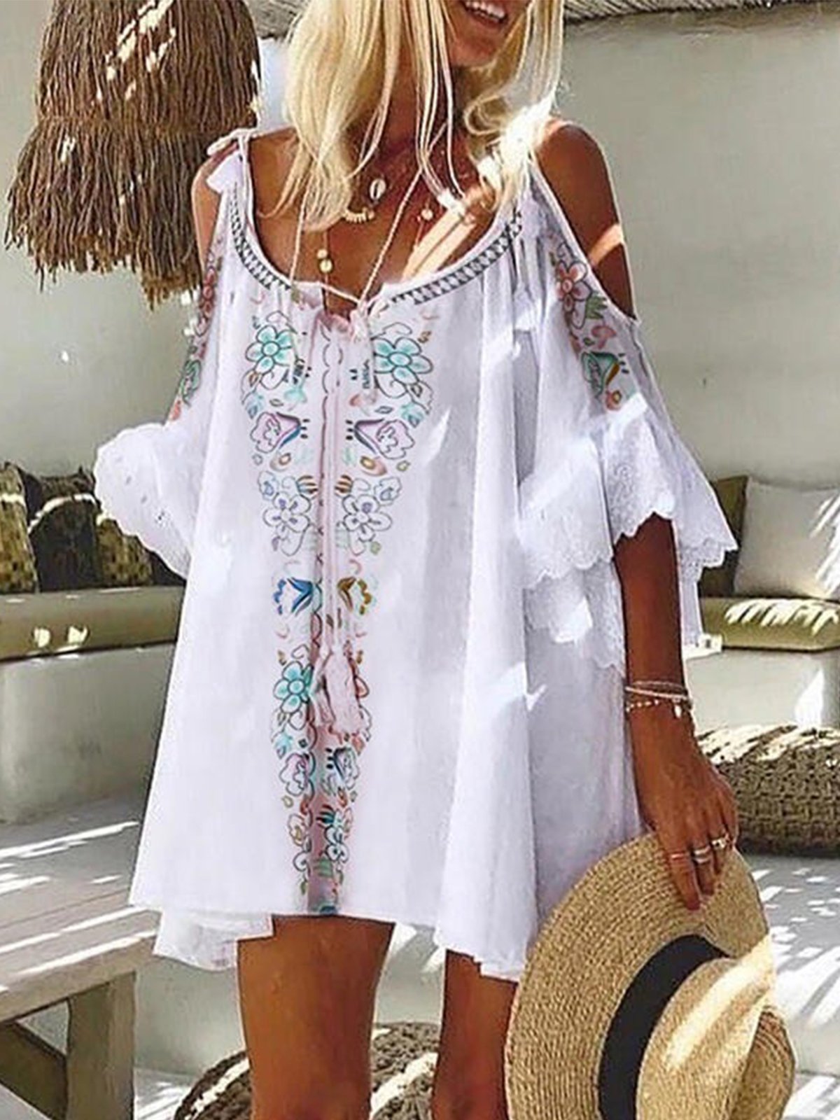 flowersverse Vintage 3/4 Sleeve Geometric Floral Printed Plus Size Casual Holiday Weaving Dress