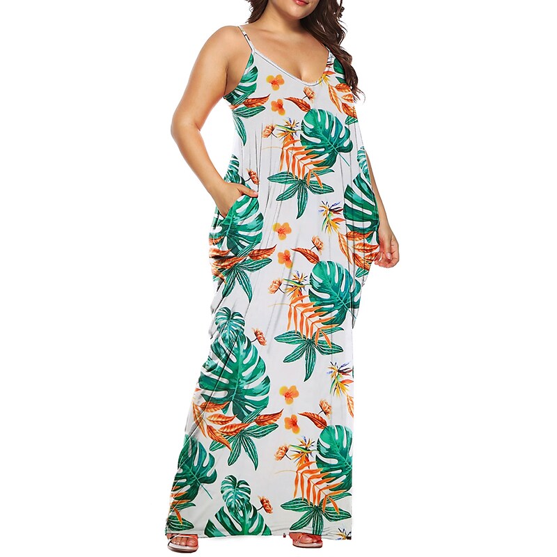 flowersverse Women's Plus Size Casual Dress Shift Dress Slip Dress Leaf Tie Dye Long Dress Maxi Dress Sleeveless Pocket Print Strap Fashion Daily Light Yellow White Spring Summer XL XXL 3XL