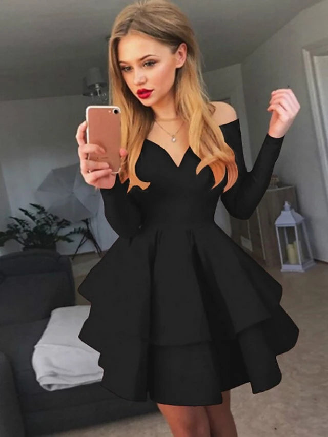 flowersverse Women's A-Line Dress Short Mini Dress Long Sleeve Solid Colored Layered Fall Spring Hot Sexy White Black Red White Dresses