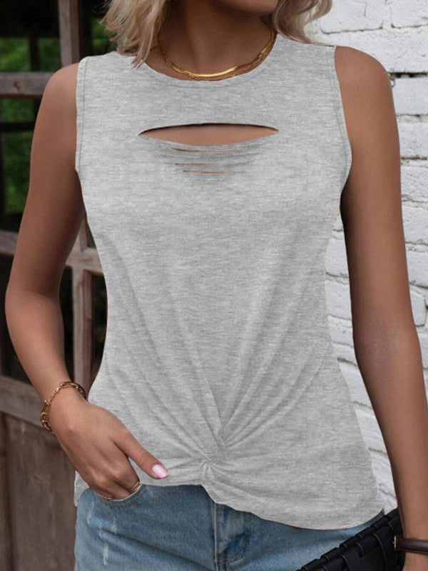 flowersverse Hollow Knot Pleated Solid Color Sleeveless Round-Neck Vest Top