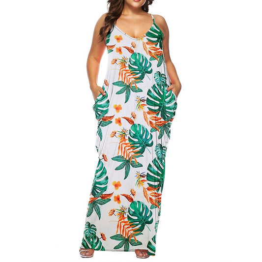 flowersverse Women's Plus Size Casual Dress Shift Dress Slip Dress Leaf Tie Dye Long Dress Maxi Dress Sleeveless Pocket Print Strap Fashion Daily Light Yellow White Spring Summer XL XXL 3XL