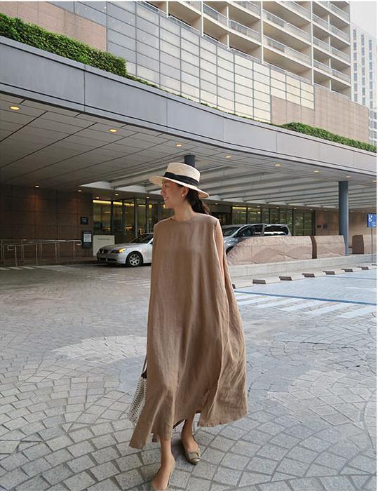 flowersverse Loose Cotton Vest Dress New Round Neck Sleeveless Long Dress Linen