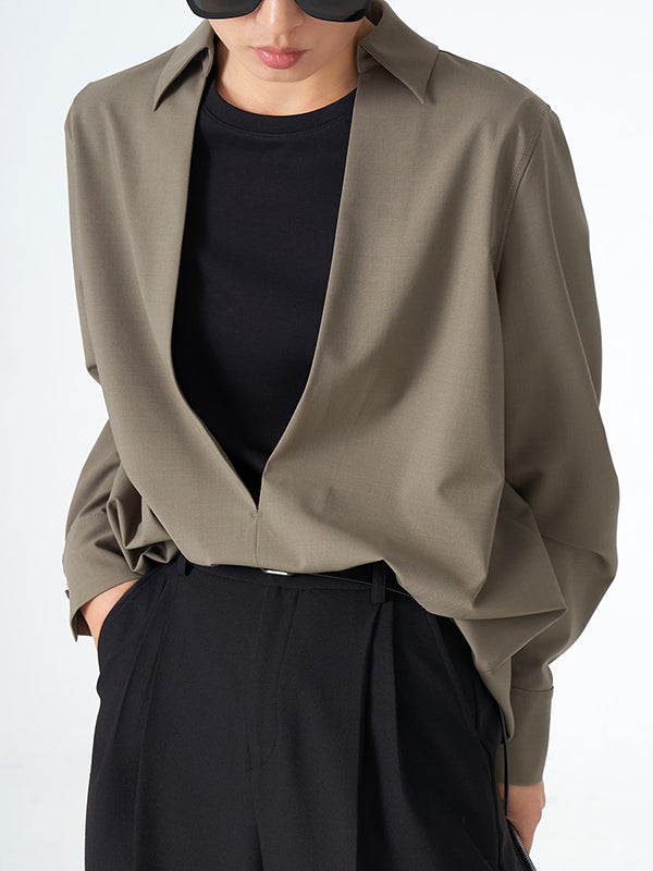flowersverse Solid Color Long Sleeves Loose Deep V-Neck Blouses&Shirts Tops