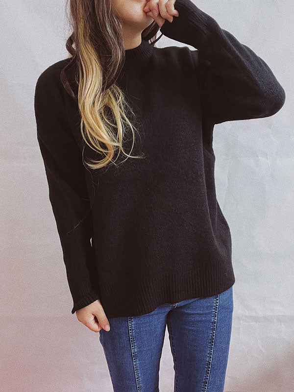 flowersverse Casual Loose Long Sleeves Solid Color Round-Neck Sweater Tops