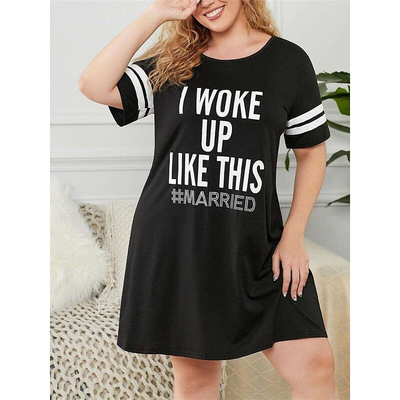 flowersverse Women's Plus Size Casual Dress T Shirt Dress Tee Dress Shift Dress Letter Midi Dress Short Sleeve Print Crew Neck Fashion Outdoor Black Spring Summer L XL XXL 3XL 4XL