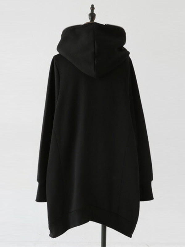 flowersverse Solid Color Zipper Long Sleeves Loose Hooded Outerwear