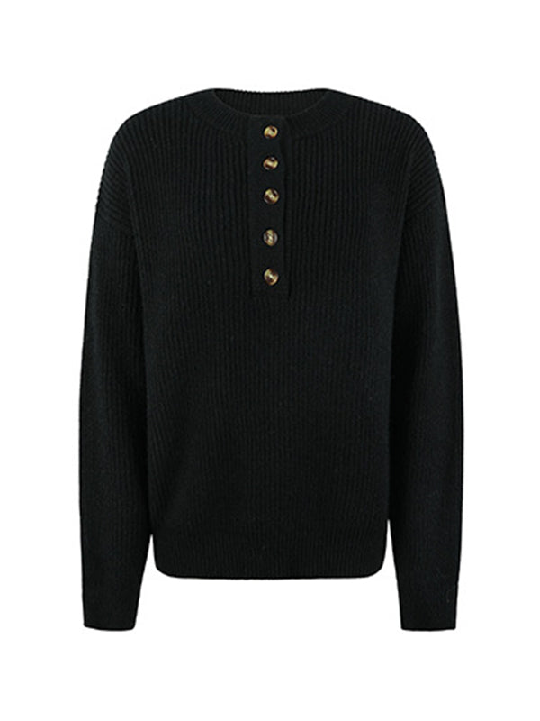 flowersverse Casual Long Sleeves Solid Color Round-Neck Sweater Tops