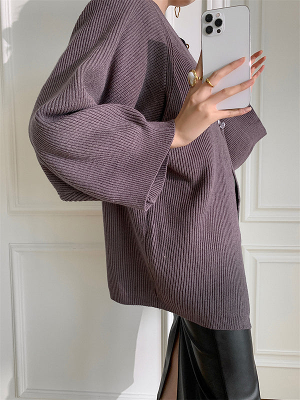 flowersverse Long Sleeves Loose Solid Color Knitted Cardigan Tops