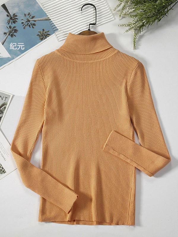 flowersverse Simple Skinny Solid Color High-Neck Sweater Tops