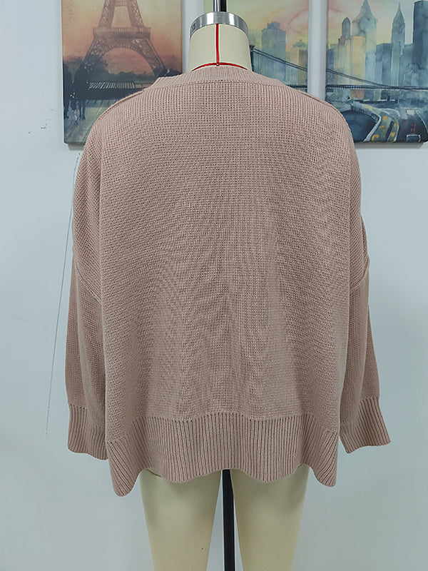 flowersverse Casual Long Sleeves Loose Split-Side Solid Color Round-Neck Sweater Tops
