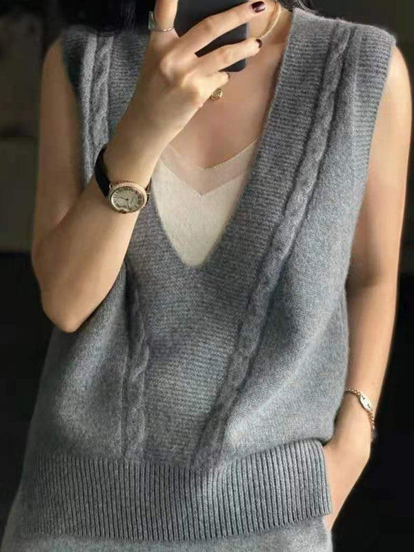 flowersverse Casual Loose Knitting Sleeveless Solid Color V-Neck Vest Top