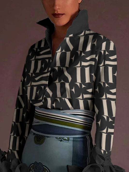 flowersverse Flared Sleeves Long Sleeves Buttoned Letter Print Lapel Blouses&Shirts Tops