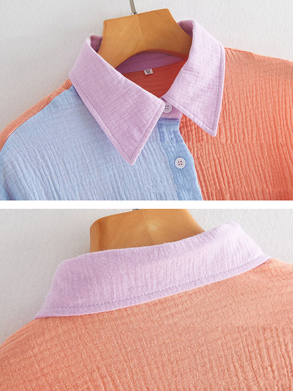 flowersverse Casual Long Sleeves Contrast Color Split-Joint Lapel Blouses