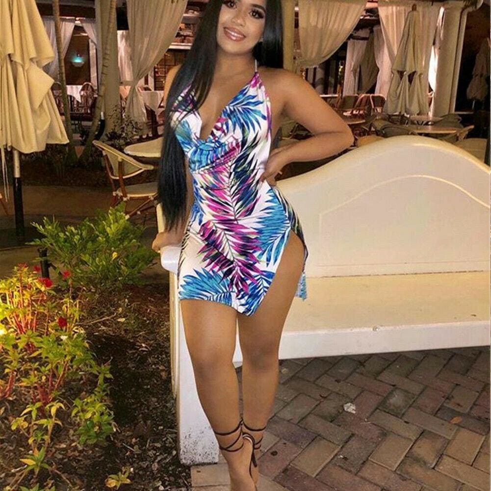 flowersverse Boho Women Sleeveless V Neck Floral Sundress Backless Mini Beach Dress