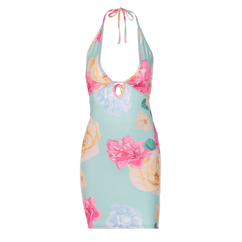 flowersverse Women's Summer Lace-Up Halter Neck Sexy Low Back Print Bodycon Dress Women