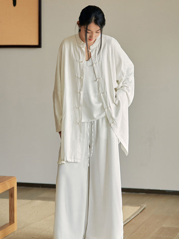 flowersverse Artistic Retro Loose Solid Color Linen Blouse