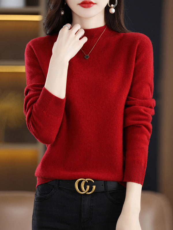flowersverse Office Long Sleeves Solid Color High-Neck Sweater Tops Pullovers