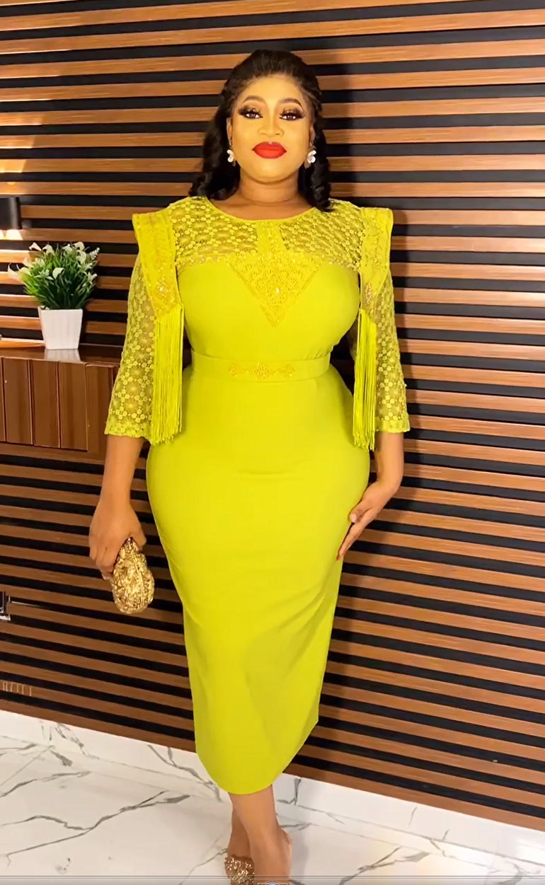 flowersverse Plus Size African Women Lace Tassel Patchwork Round Neck Bodycon Dress