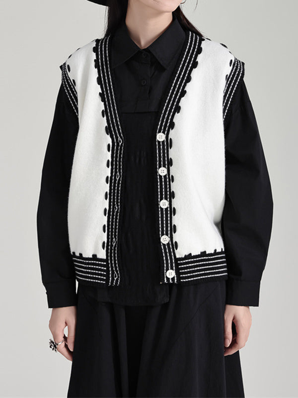 flowersverse Buttoned Contrast Color Loose Sleeveless V-Neck Vest Outerwear