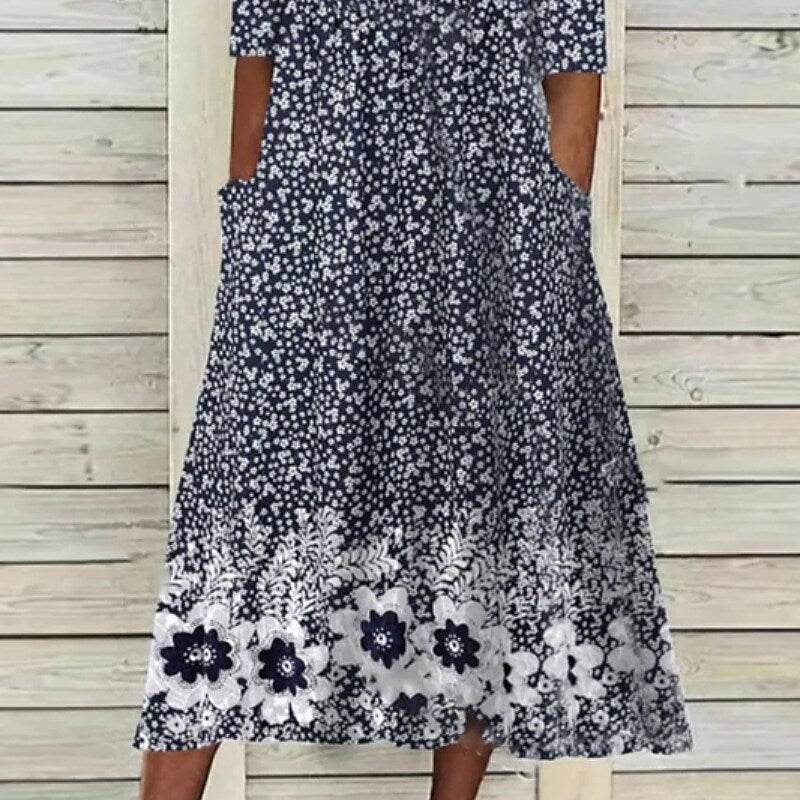 flowersverse Women's Casual Dress Midi Dress Navy Blue Half Sleeve Floral Ruched Summer Spring V Neck Basic Loose Fit S M L XL XXL 3XL