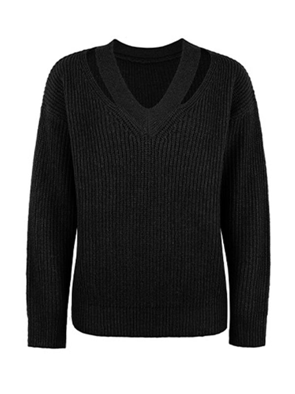 flowersverse Stylish Loose Solid Color V-Neck Sweater Tops