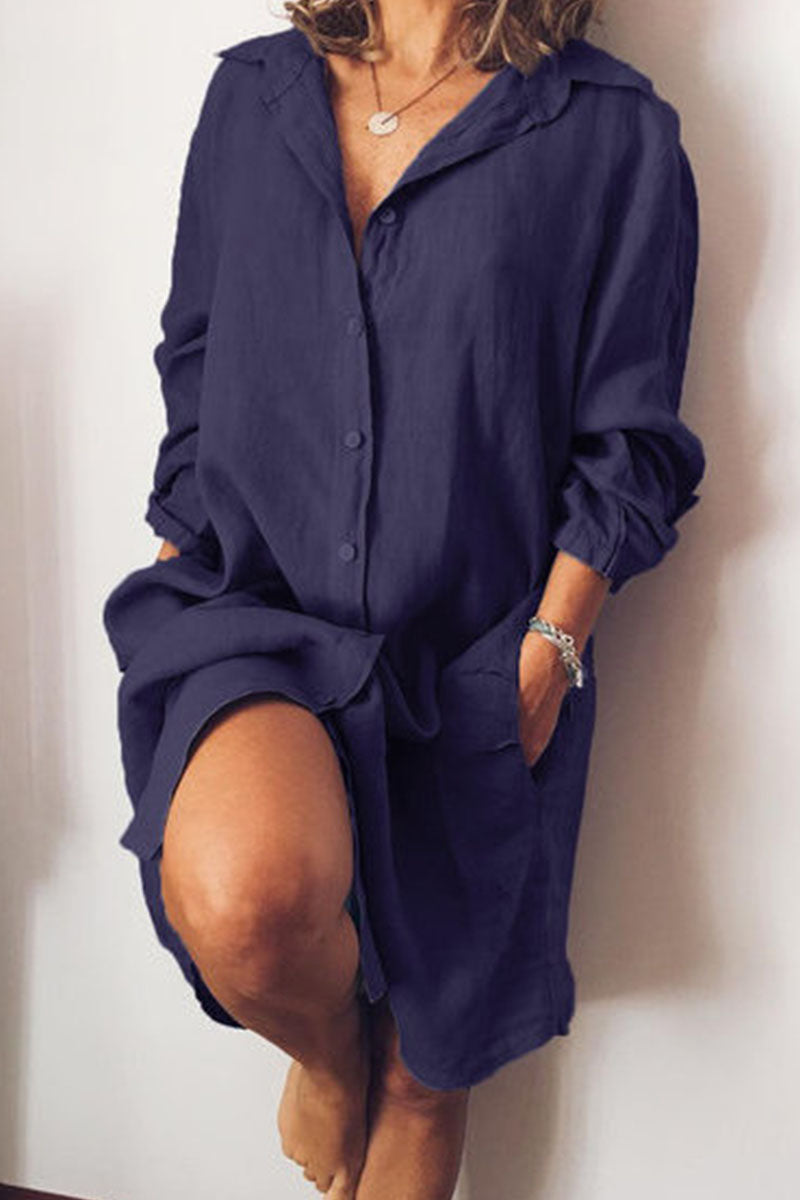 flowersverse Fashion Casual Solid Patchwork Turndown Collar A Line Dresses