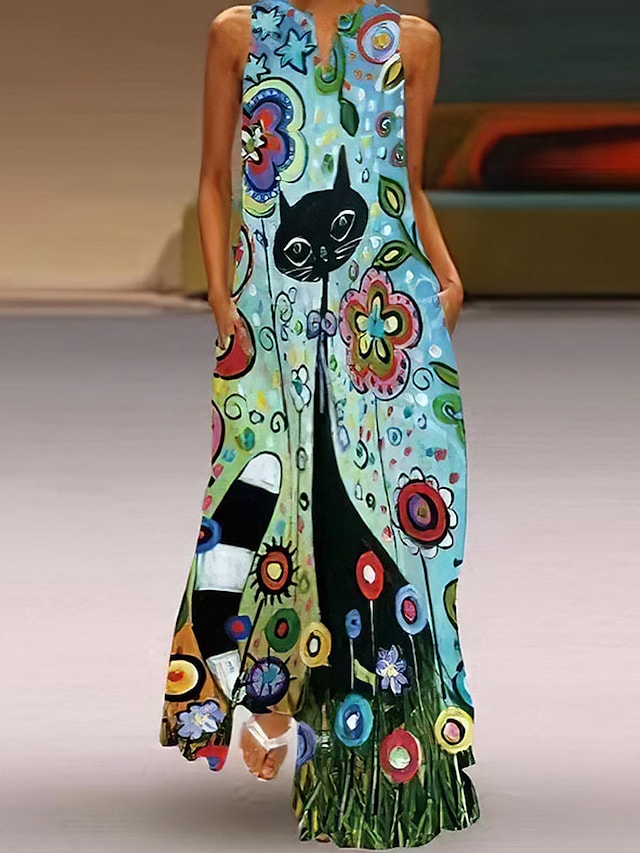 flowersverse Women's Long Dress Maxi Dress Casual Dress Sheath Dress Swing Dress Floral Cat Fashion Casual Daily Holiday Going out Pocket Print Sleeveless V Neck Dress Regular Fit Red Blue Green Spring Summer XS