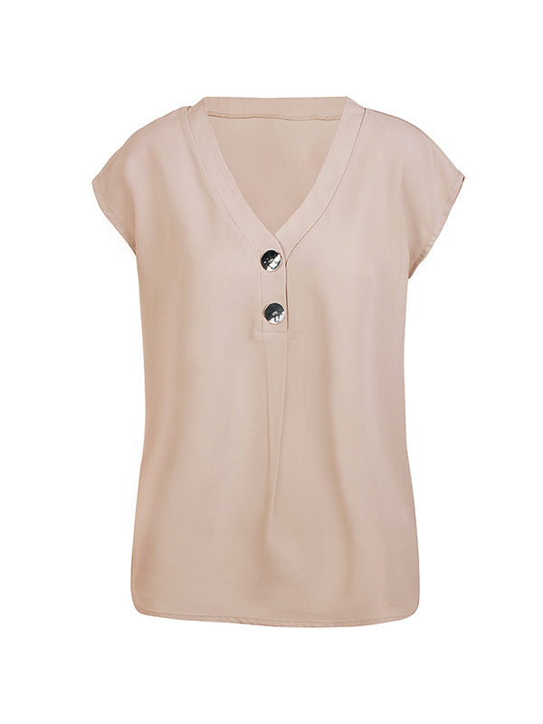 flowersverse Buttoned Solid Color Cap Sleeve Loose V-Neck Blouses&Shirts Tops