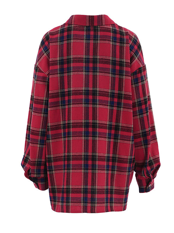 flowersverse Buttoned Plaid Long Sleeves Loose Lapel Blouses&Shirts Tops