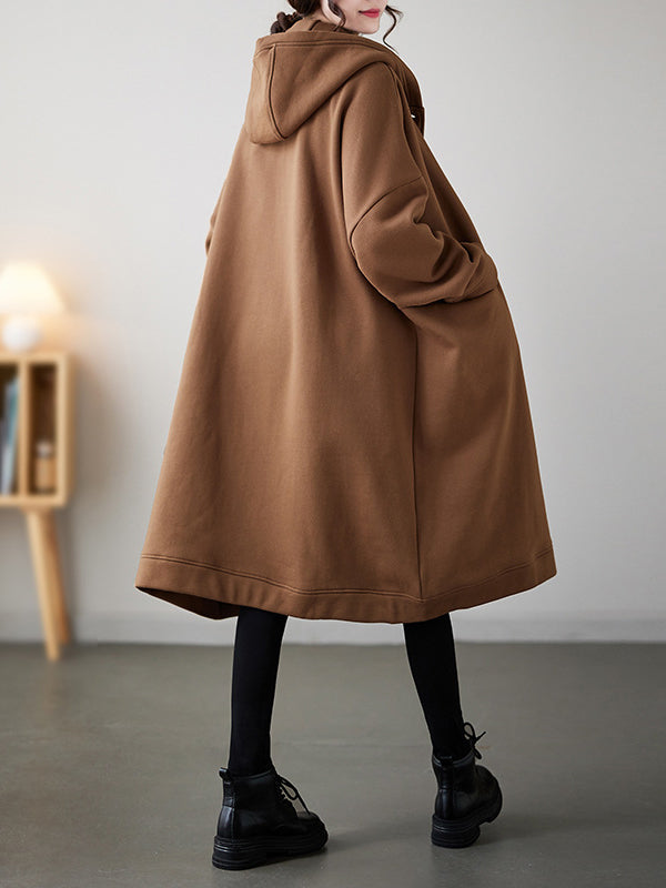 flowersverse Buttoned Pockets Long Sleeves Loose Hooded Outerwear