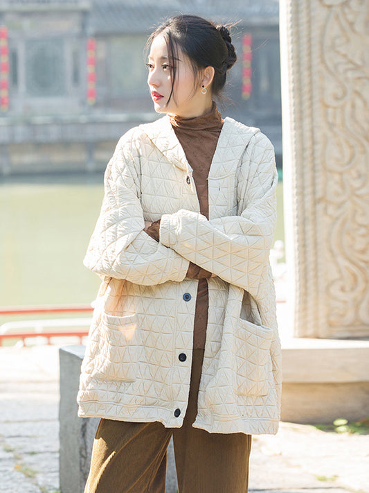 flowersverse Casual Long Sleeves Loose Buttoned Keep Warm Solid Color Hooded Padded Coat