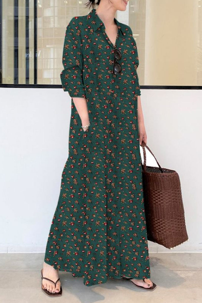 flowersverse Fashion Casual Print Split Joint Turndown Collar A Line Dresses