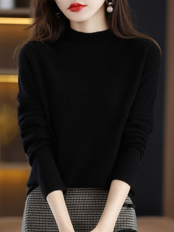 flowersverse Office Long Sleeves Solid Color High-Neck Sweater Tops Pullovers