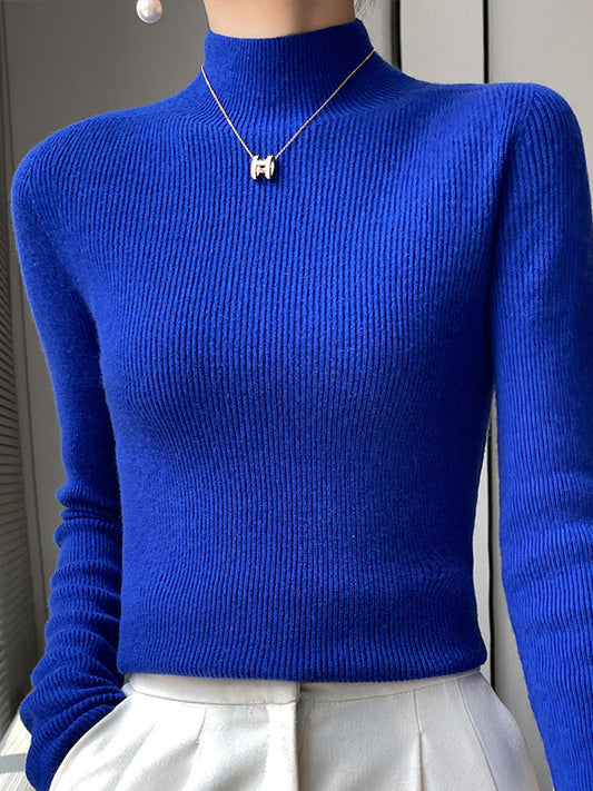 flowersverse Casual Skinny Long Sleeves Solid Color Half Turtleneck Sweater Tops